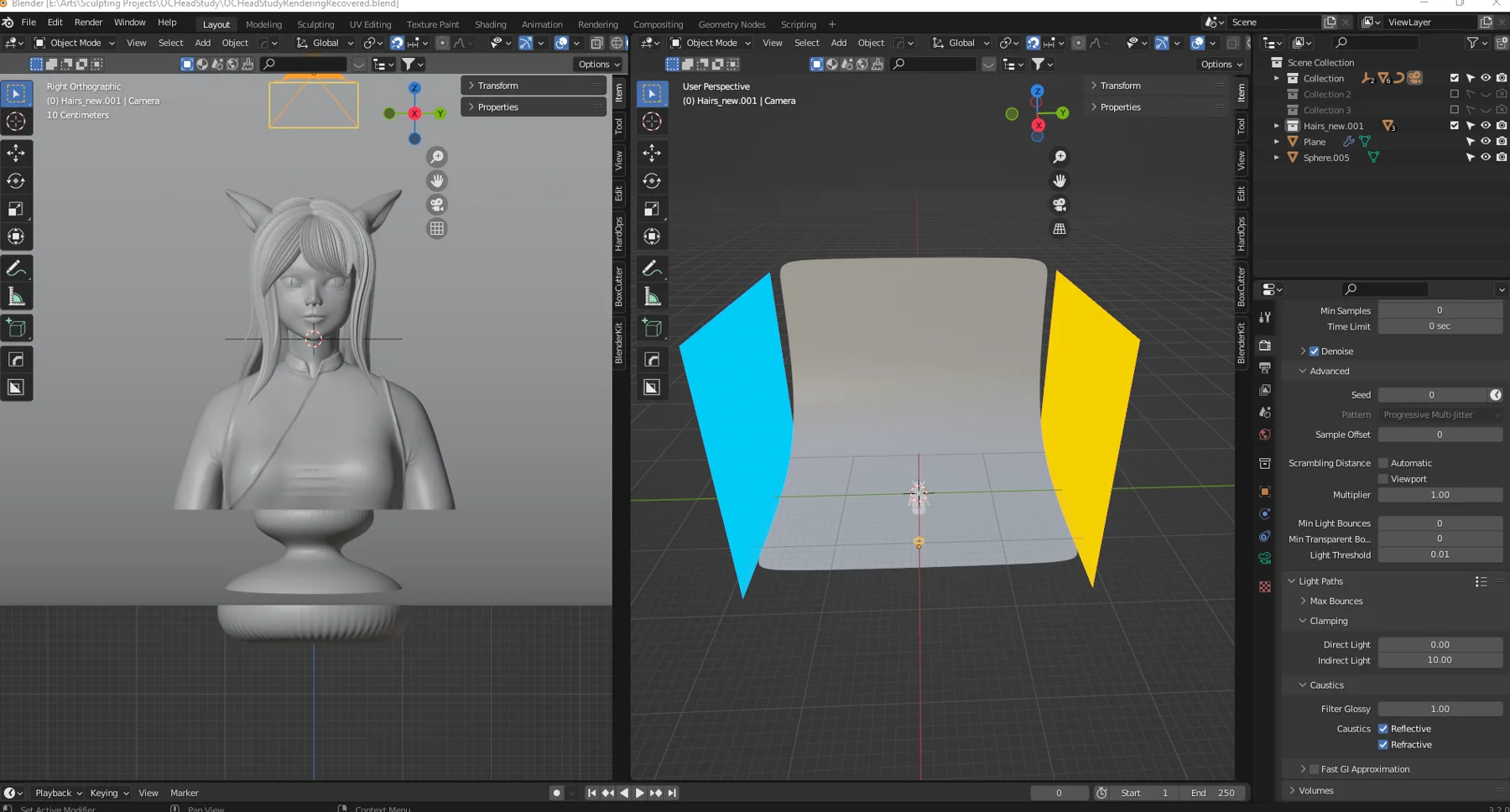 Blender workspace: the untextured bust on the left, the camera and a cyan and yellow light setup on the right.
