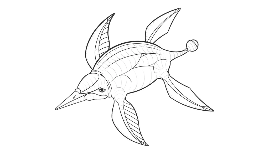 Ink line drawing of the same finned sea creature with an organic skin.