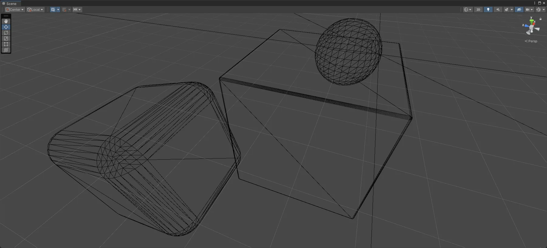 Wireframe of the complex scene: a rounded capsule, a box and a sphere with no surface detail.