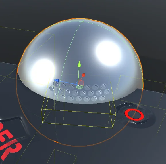 Close-up of a glass dome over a grid of small bumps, with a rotated decal volume gizmo and a red ring decal wrapping onto a side face of the panel.
