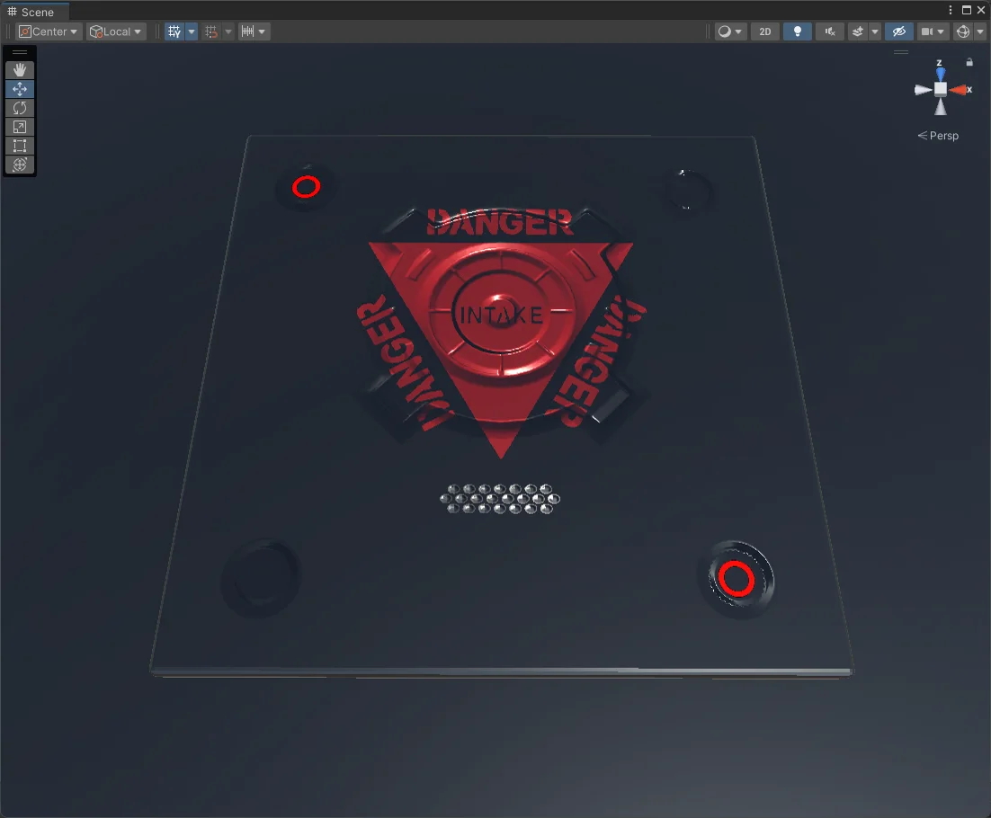 Unity scene view of a dark square panel covered in red markings: a warning triangle with a target, DANGER lettering, red rings at two corners and a grille of small holes.