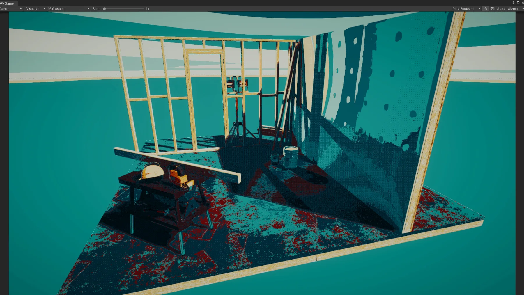 Unity scene of a construction-site room rendered in a teal and rust dithered palette.