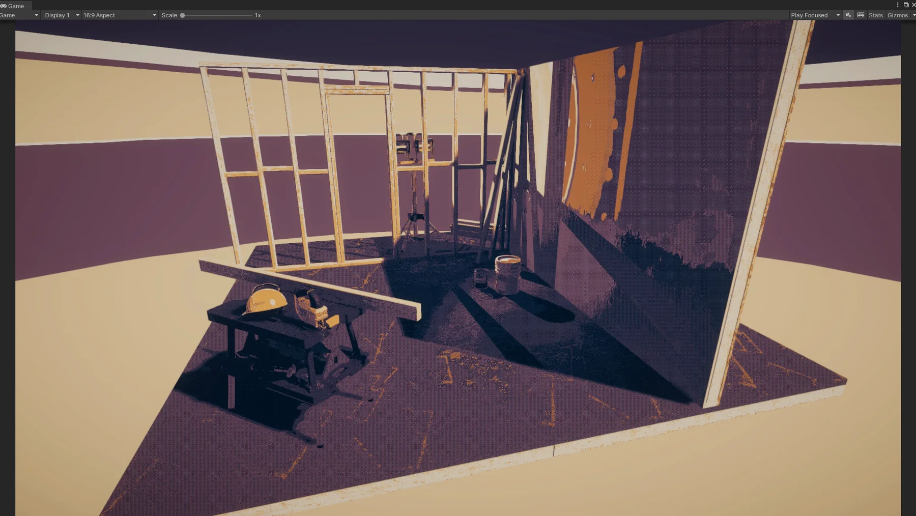 The same room in a dusty purple and cream palette.
