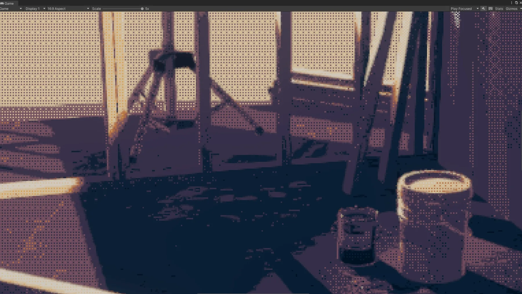 Close-up of a paint bucket and tripod in purple and cream with a coarse ordered dither pattern.
