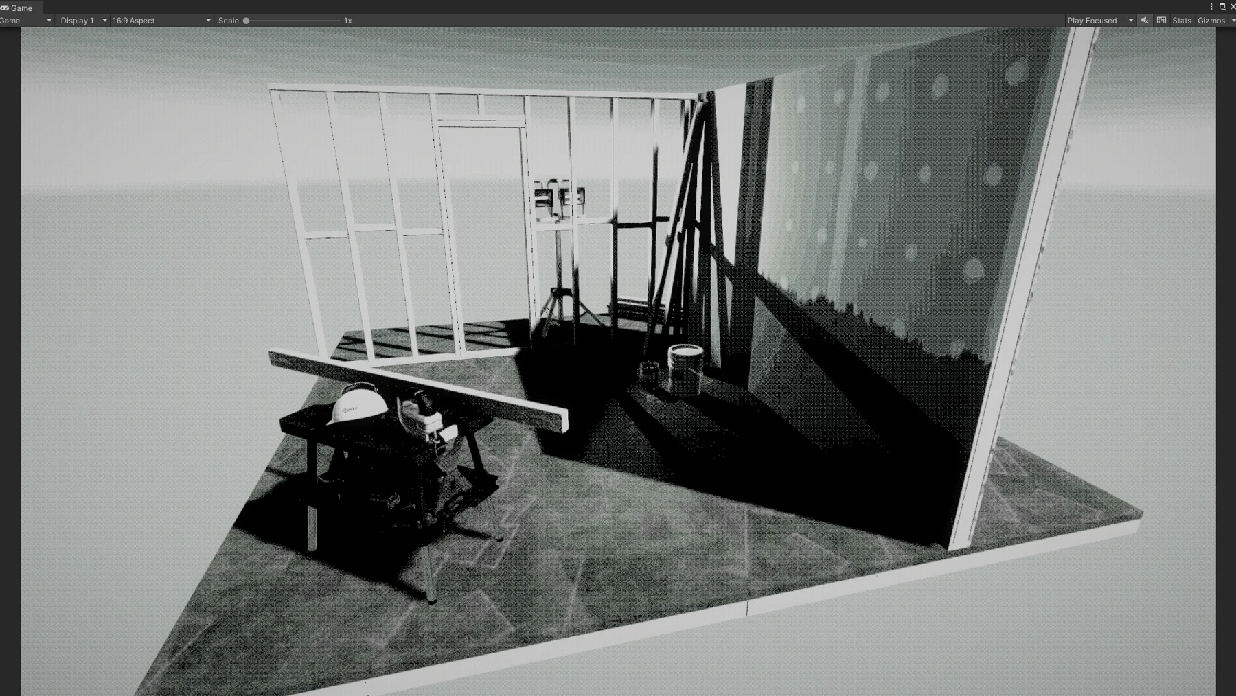 The same grayscale room brightened so floor and wall detail survives.