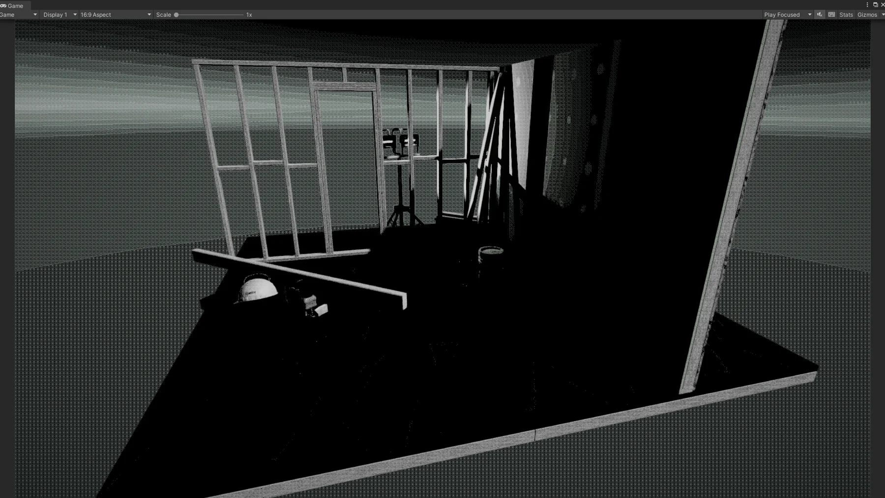 Grayscale dithered room where the shadows crush to solid black.
