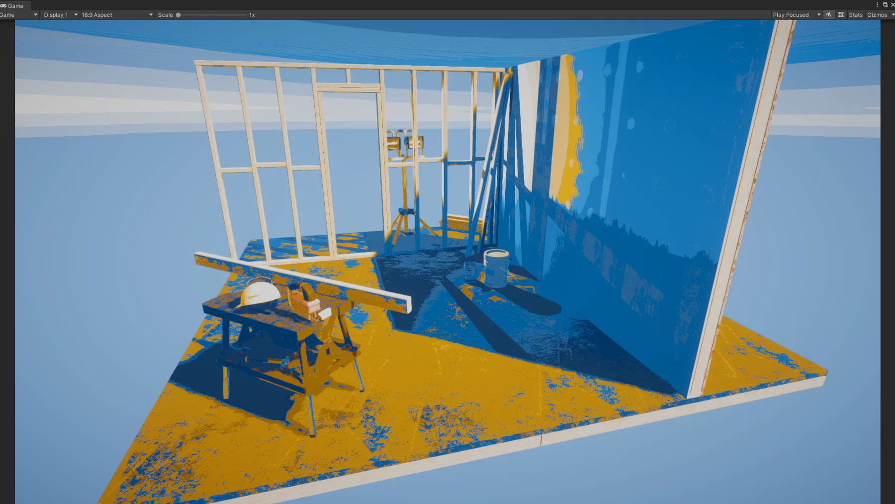 The room in blue and yellow, with hues close to the original scene.