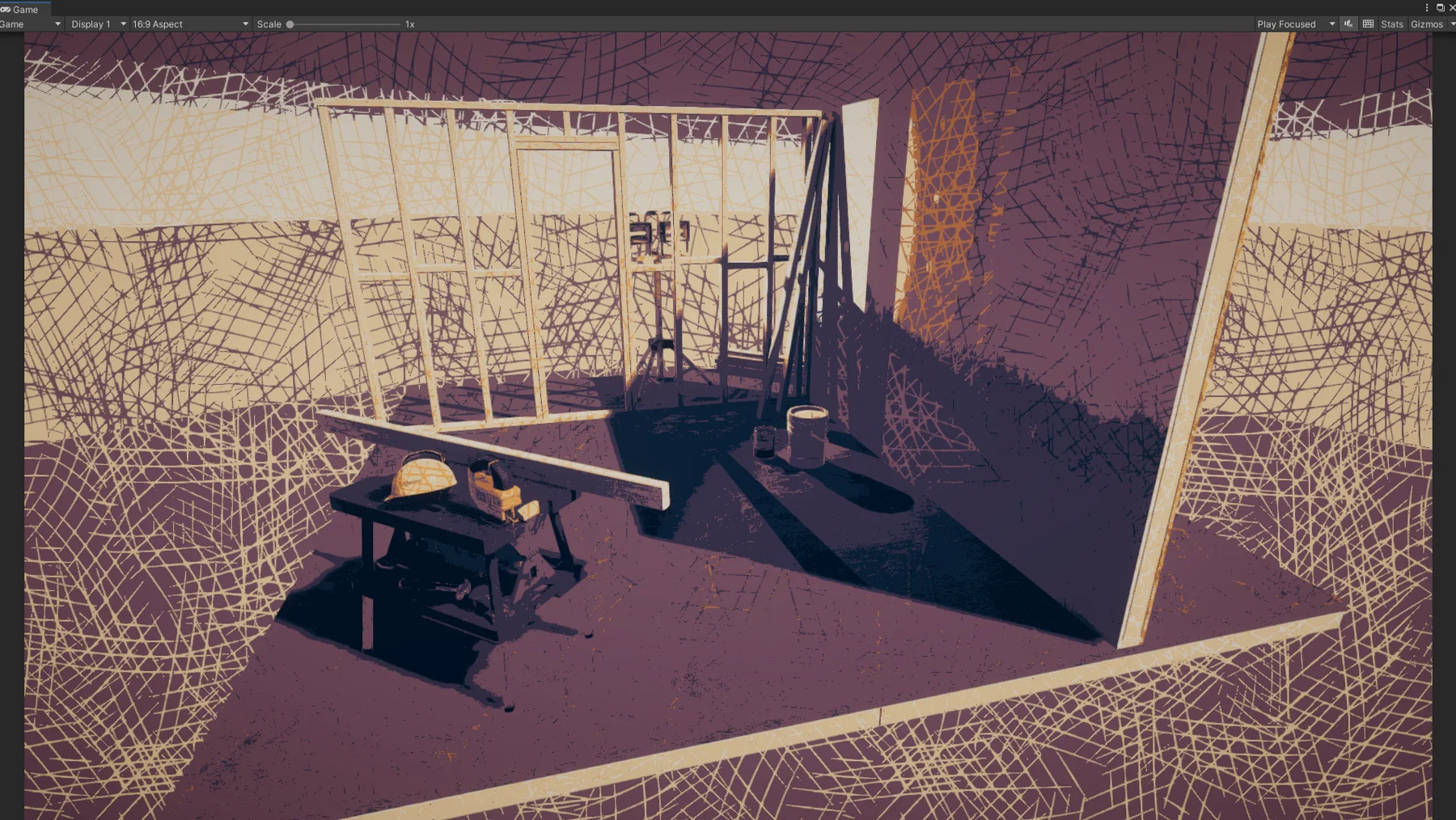 The full room with pencil-stroke hatching over the walls and floor.