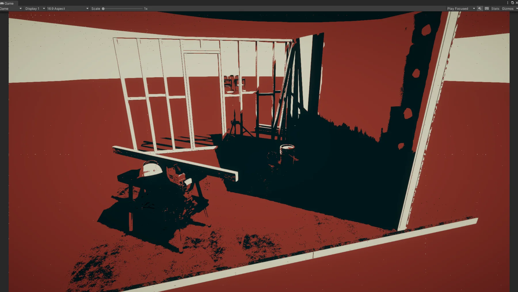 The same room in a four-color brick red, black and cream palette.