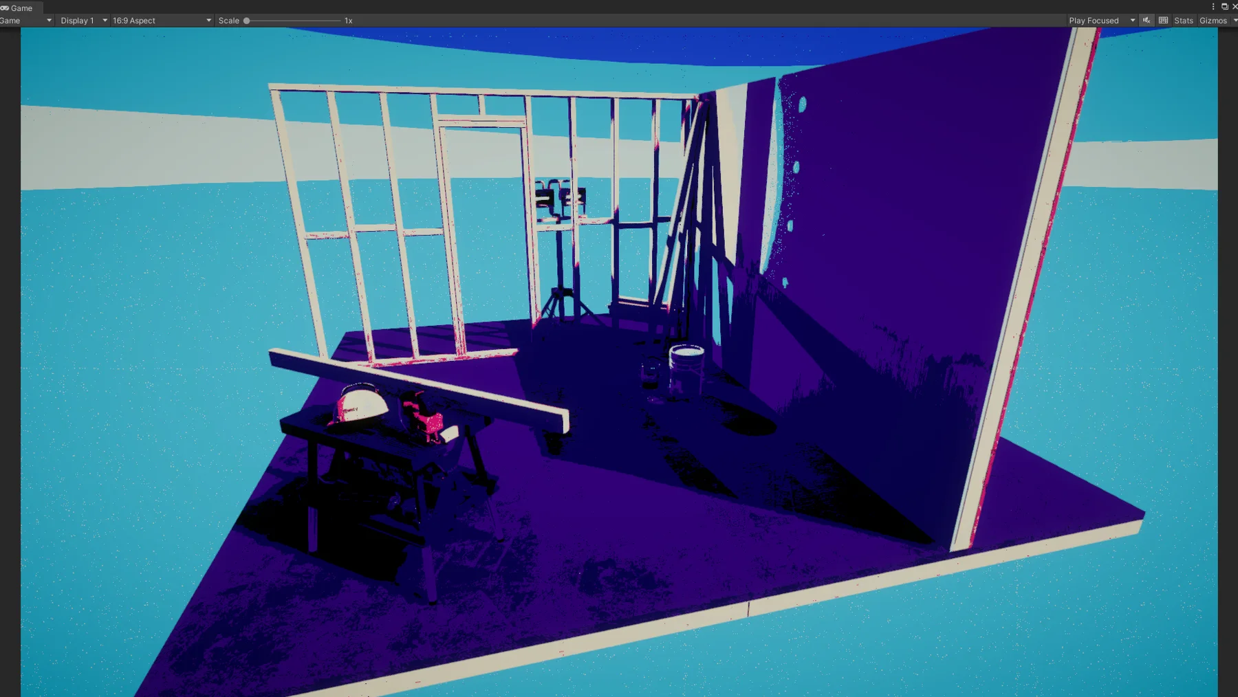 The same room in a sky-blue and deep violet palette.