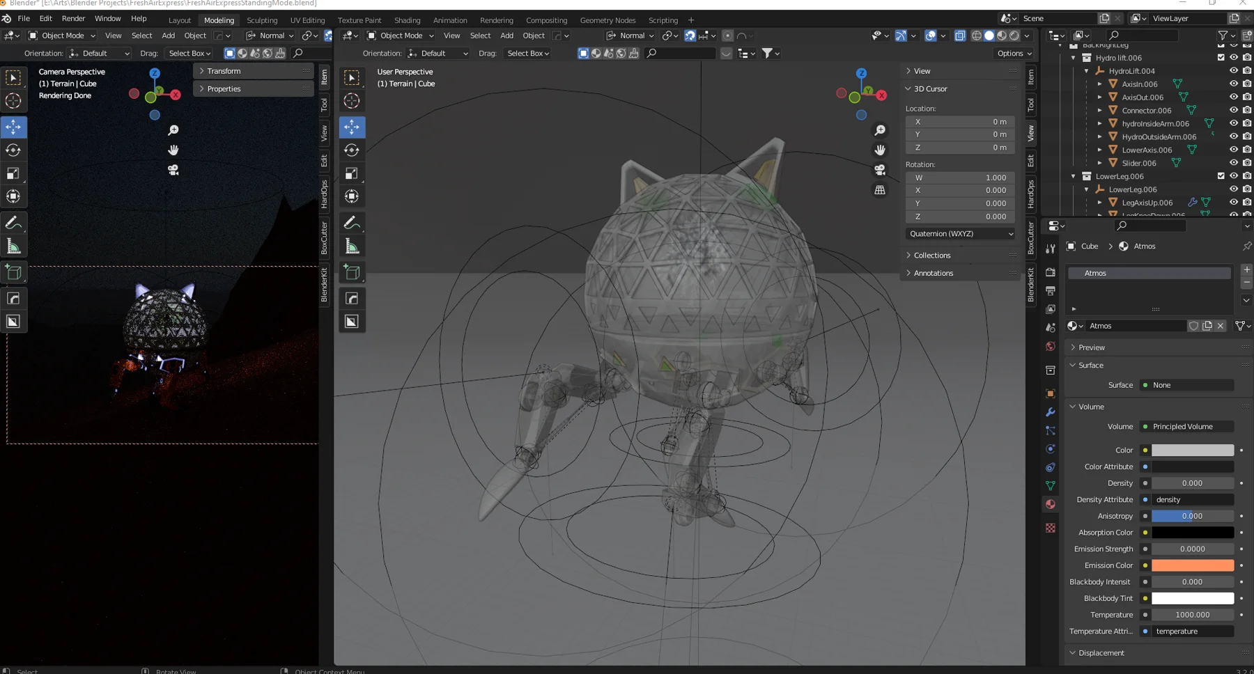 Blender workspace with the robot in wireframe and its light rig.