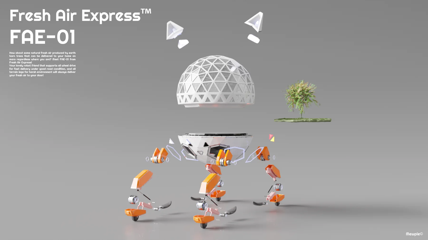 Exploded view separating the cat-ear lights, the dome, the tree, the body and the legs.