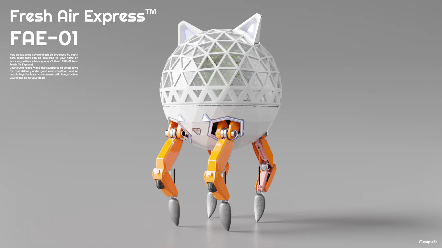 Studio render of the robot standing on its orange legs with pointed feet.