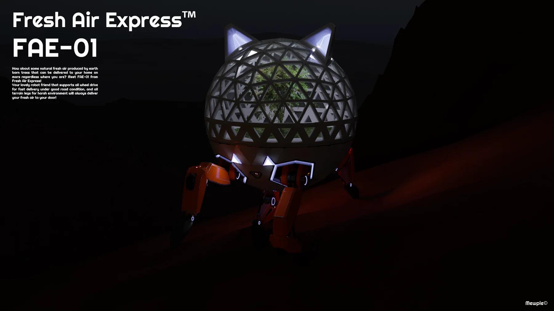 Poster render of a small spherical delivery robot at night on Martian terrain, its geodesic dome glowing.