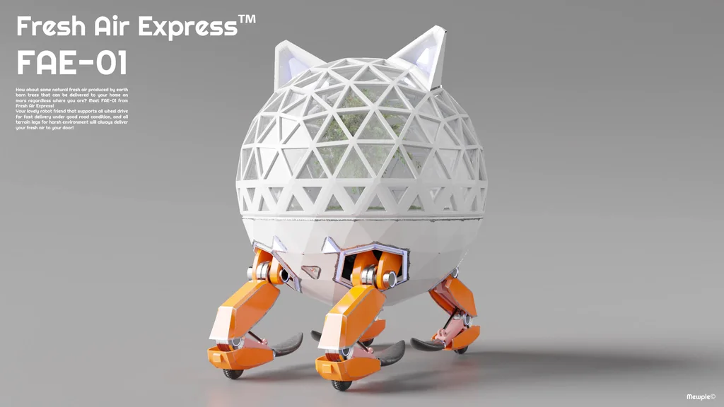 Studio render of the robot with a geodesic glass dome holding a tree, cat ears, and orange legs ending in wheels.