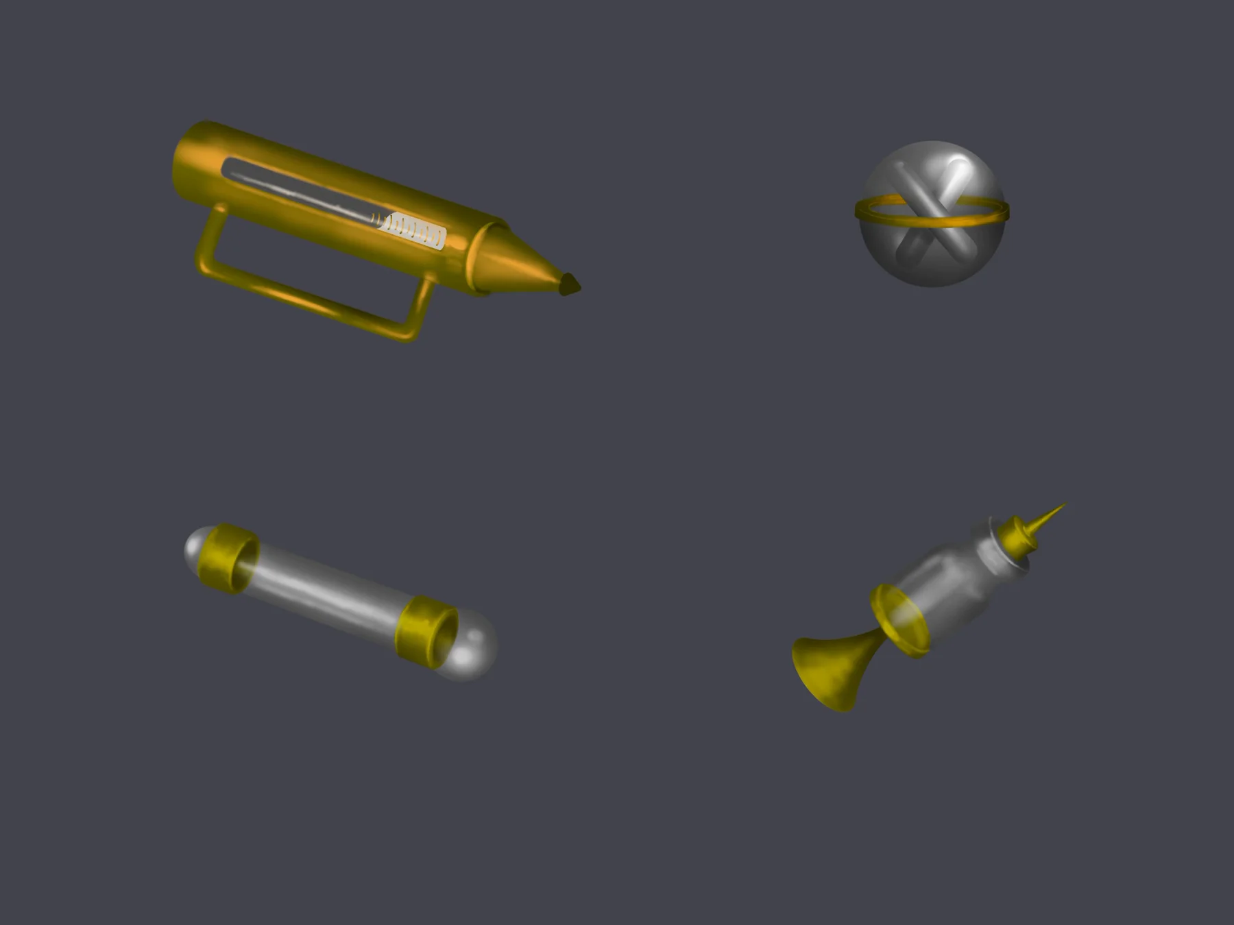 Four shaded 3D gadget models: dispenser, grenade, tube and stimulant.