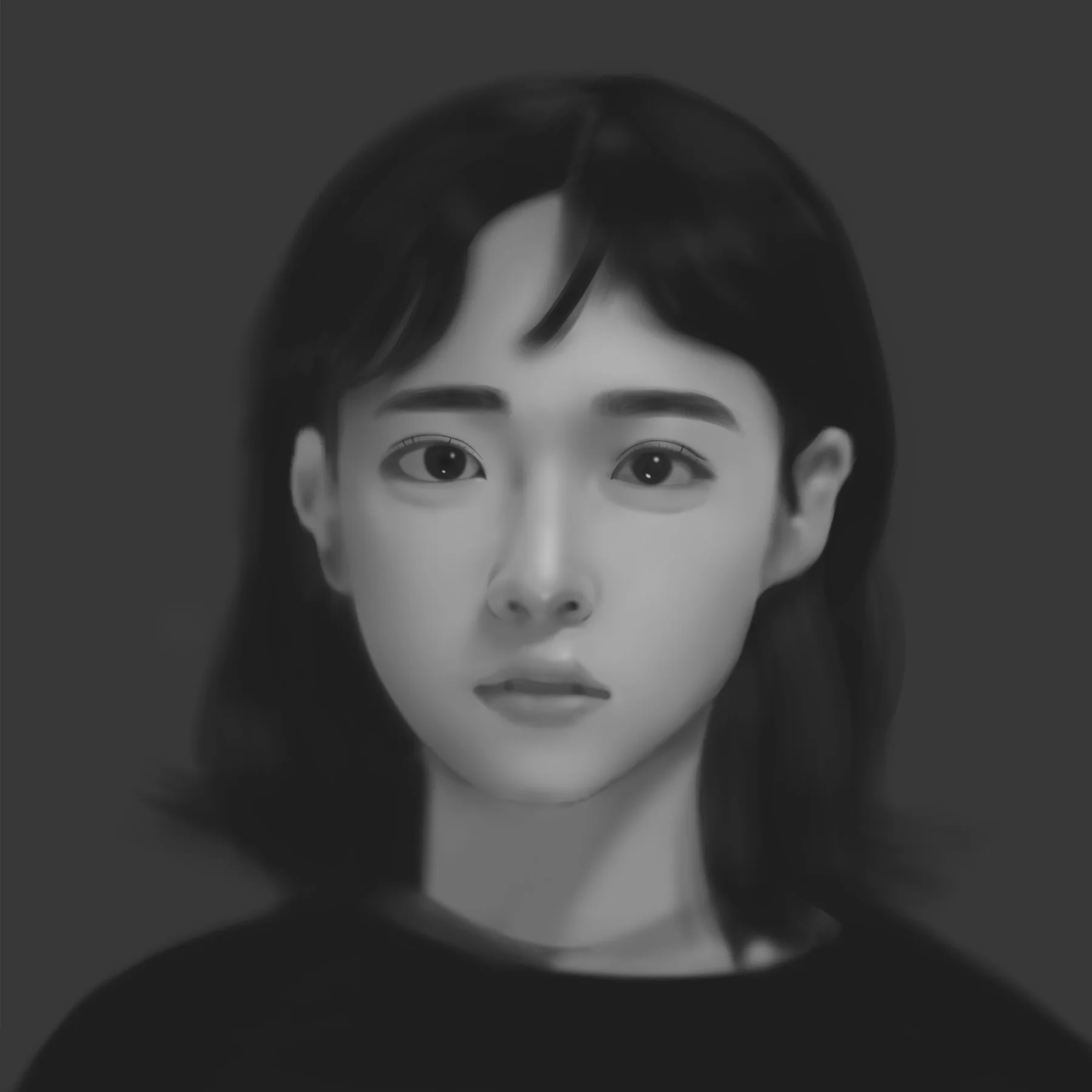 Monochrome digital painting of a young woman with shoulder-length dark hair and a fringe, facing forward.