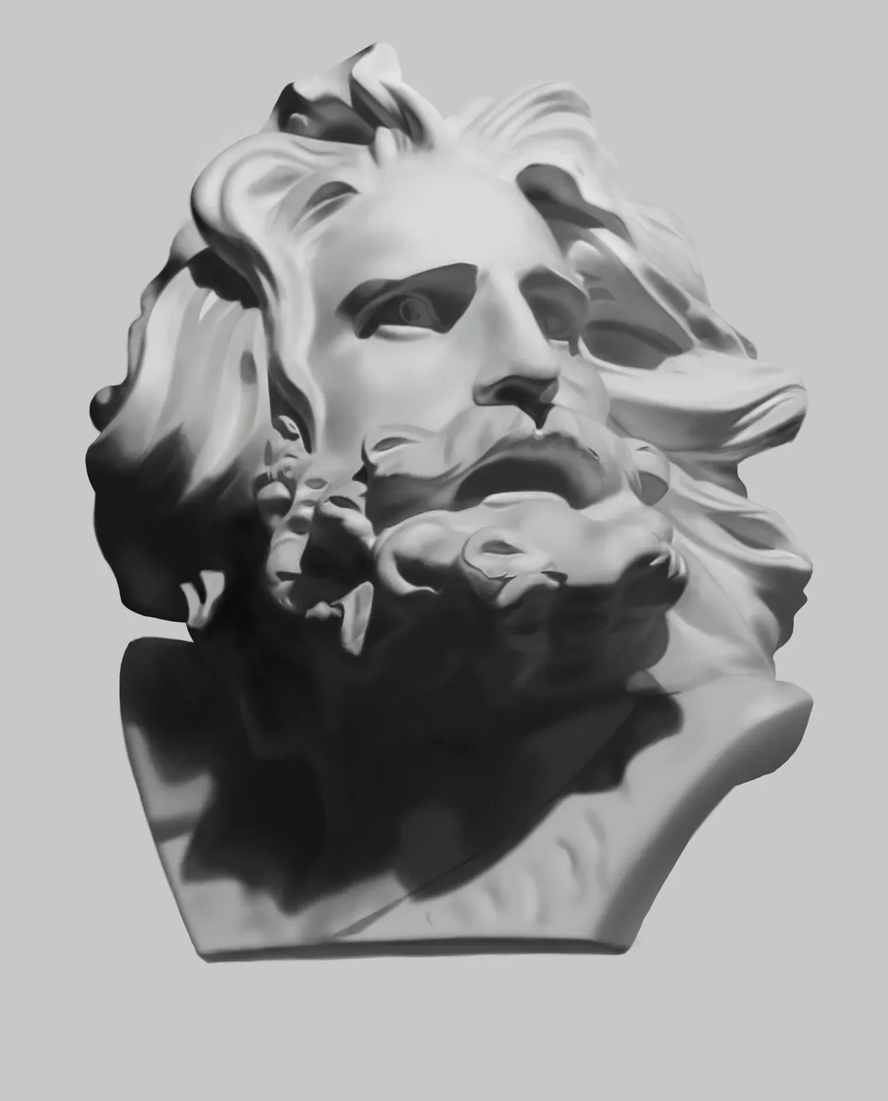 Grayscale digital painting of a classical bust with flowing hair and beard, studied for value and form.