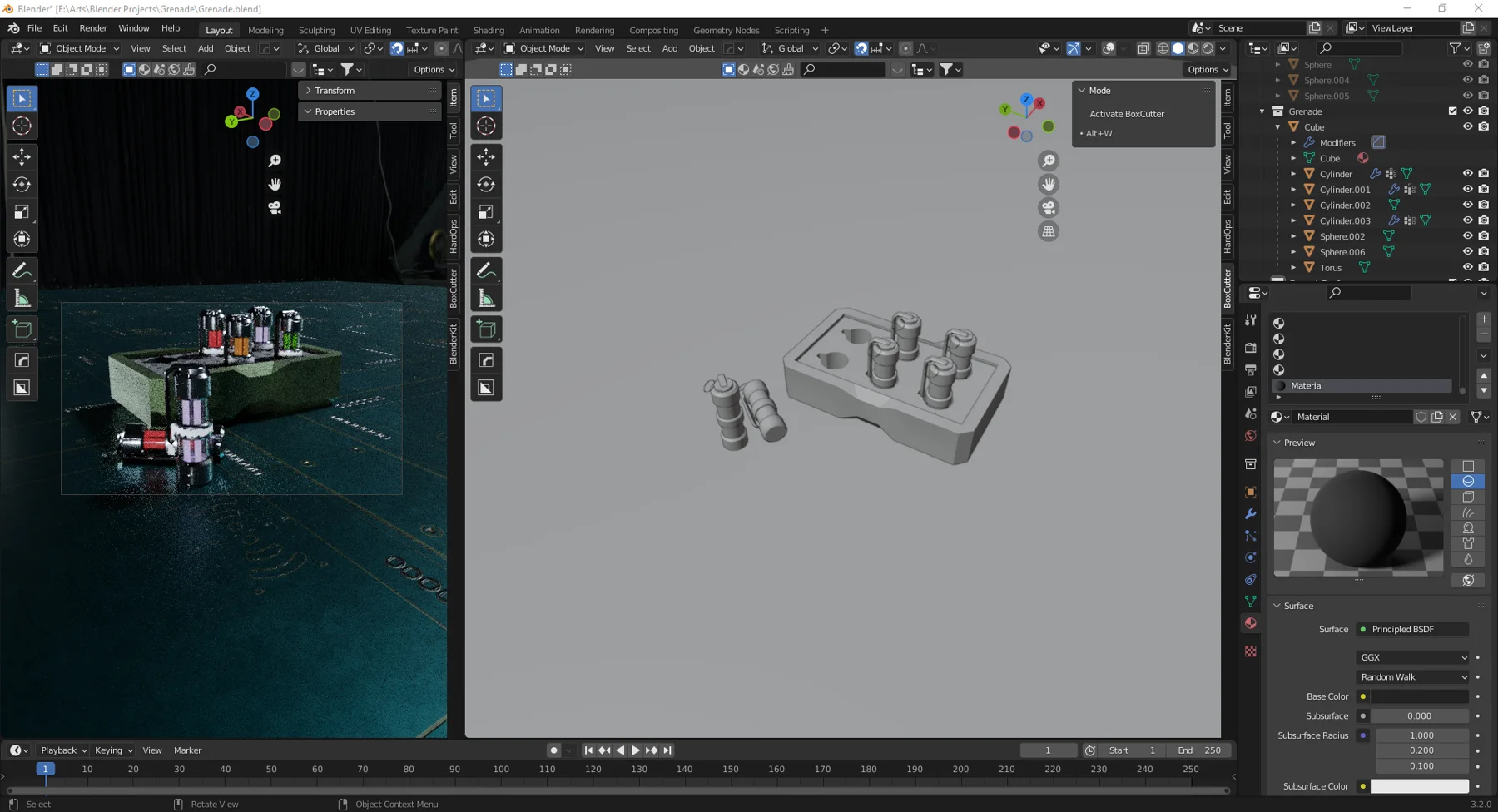 Blender workspace with the grenade set in the viewport and the material editor open.