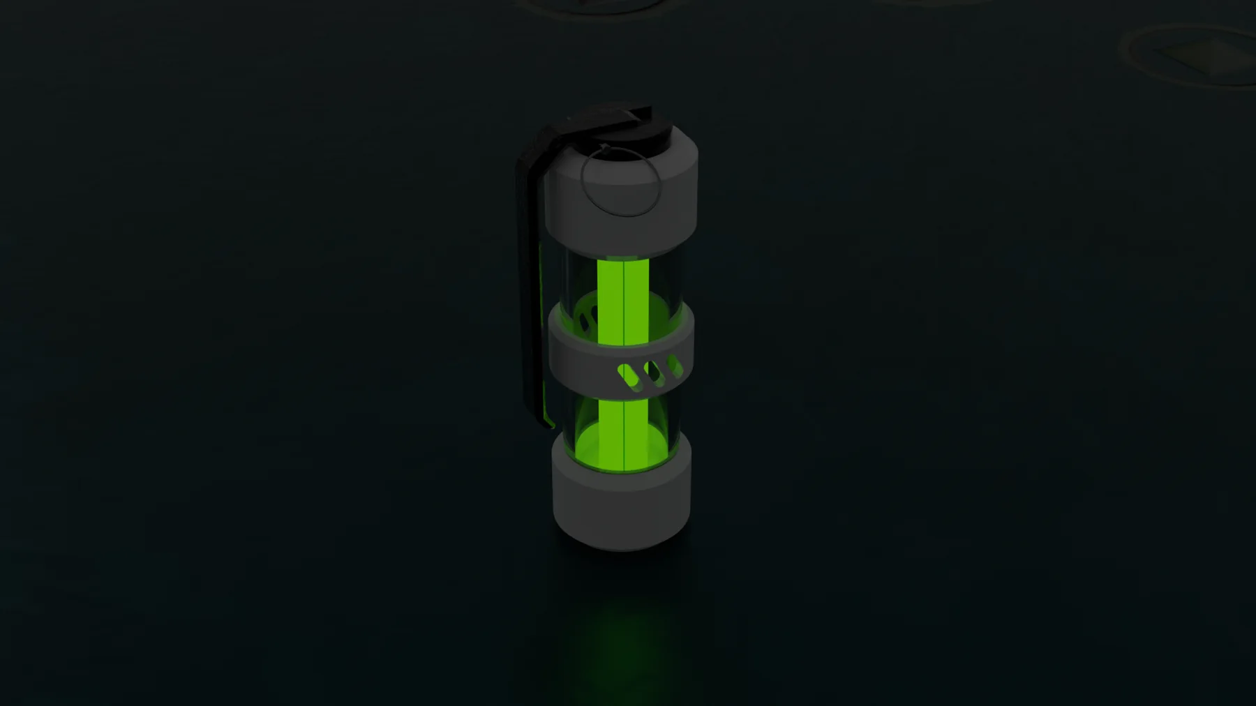 Dark render of a single grenade with a glowing green potion core and a black pin and lever.