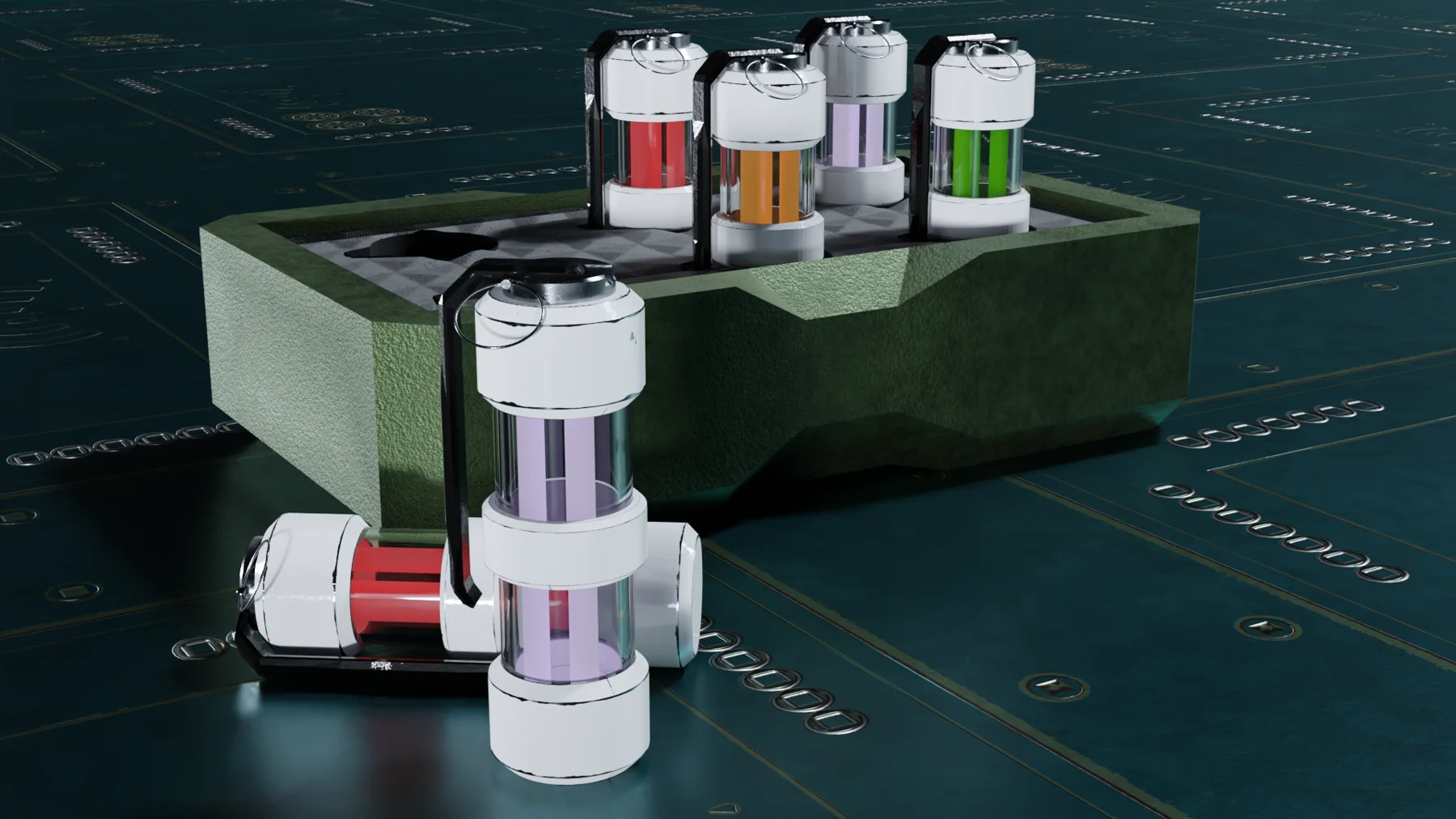 Render of white capsule grenades with red, orange, purple and green potion cores, standing in a green case on a teal circuit-patterned floor.