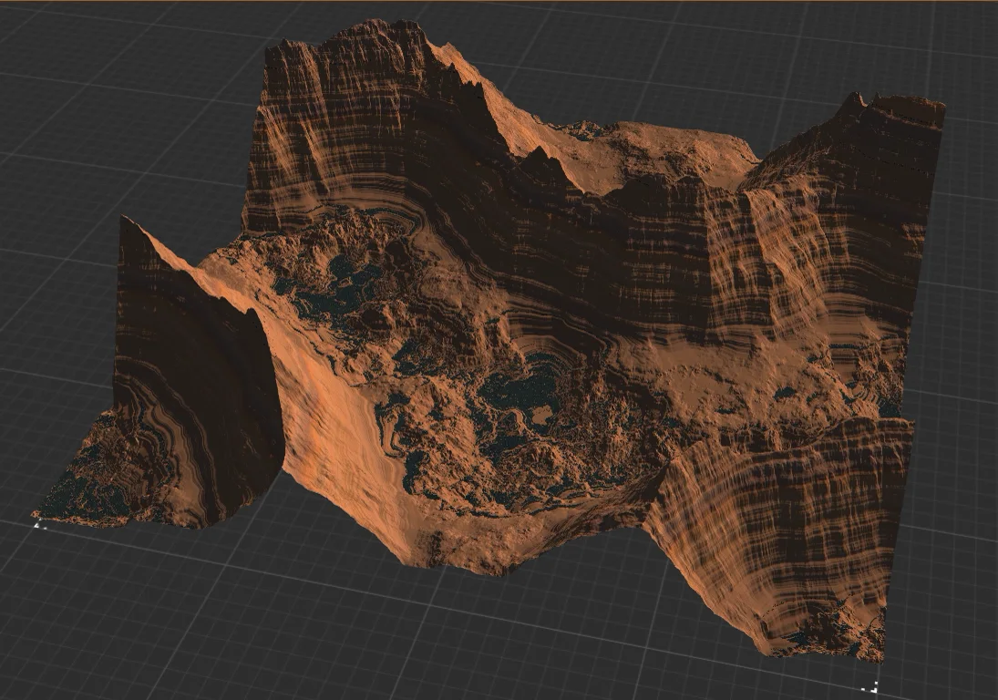 Gaea terrain in orange with layered sediment strata.