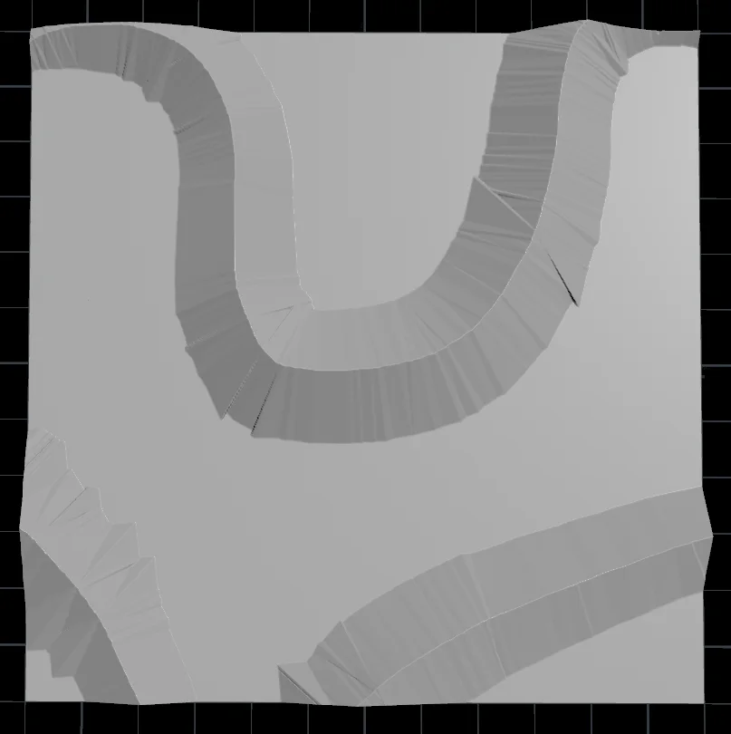 Gray Houdini blockout: a curving ridge across the top half of a square and two separate ridges along the bottom.