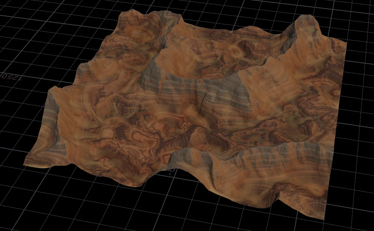 Houdini heightfield terrain with eroded ridges, textured in mottled browns.