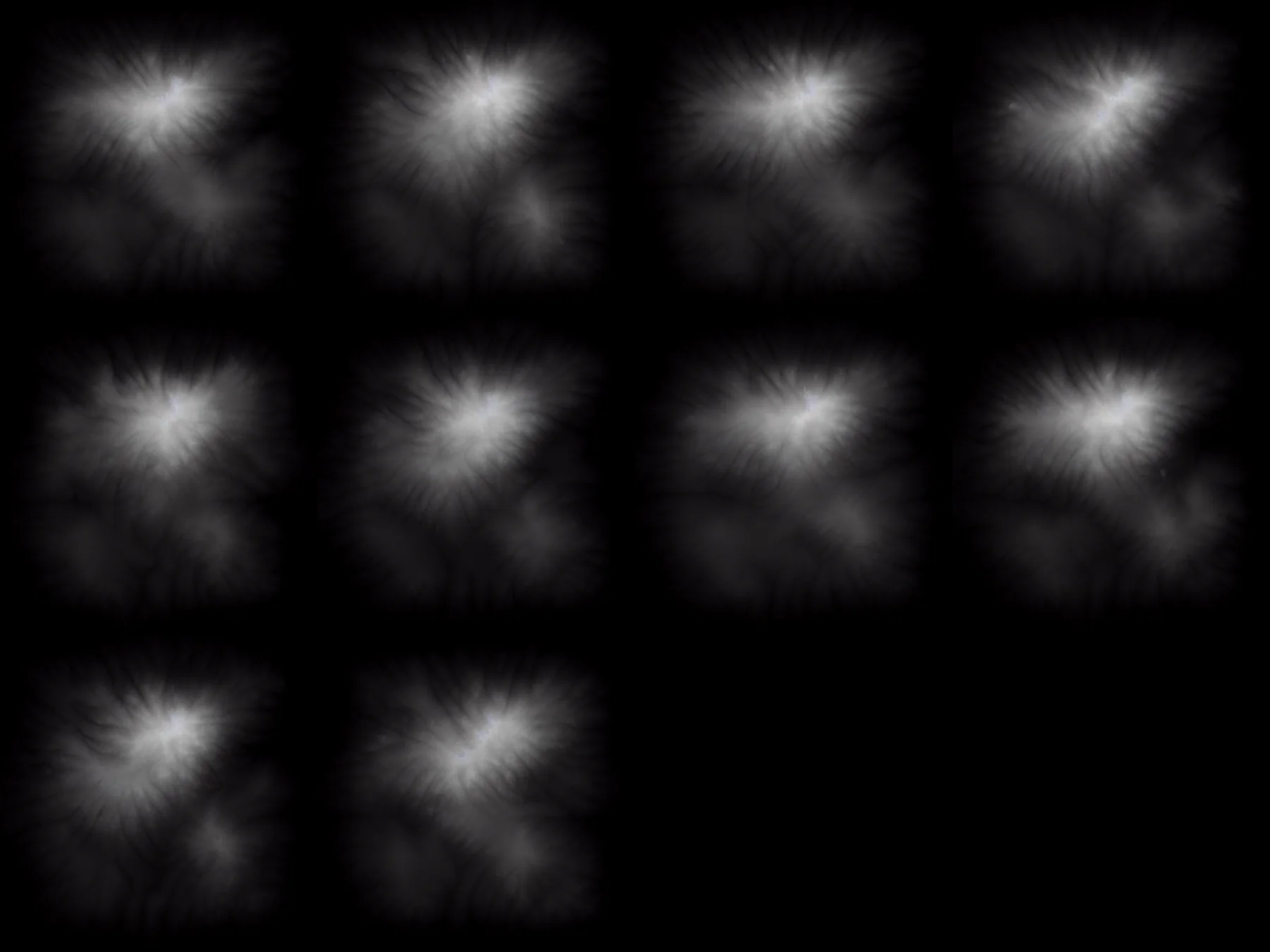 Grid of ten generated grayscale heightmaps with similar mountain shapes.