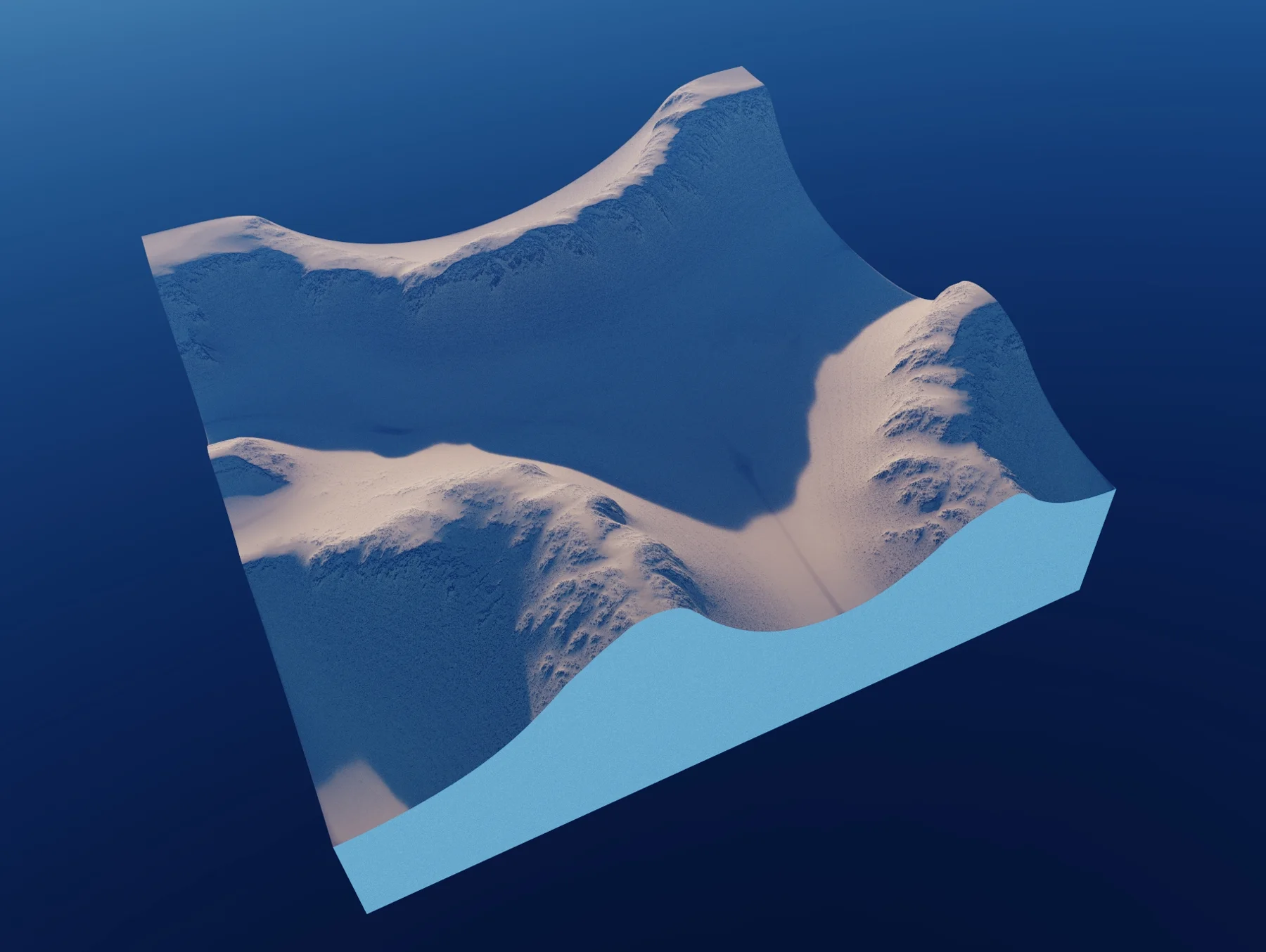 World Creator terrain block of dark rock ridges partly covered by pale sand.