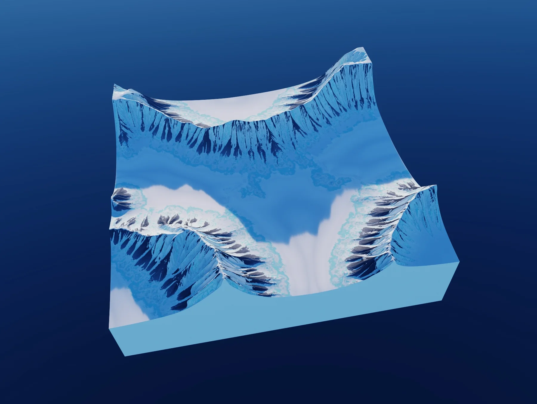 World Creator terrain block of snowy mountains with glaciers on a blue background.