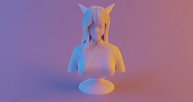 Clay-shaded 3D bust of a cat-eared character under pink and blue studio light.