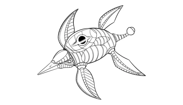Ink line drawing of a finned sea creature with a mechanical, plated skin.
