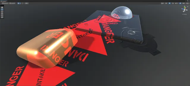 A copper capsule, a dark panel and a glass dome, with large red DANGER and INTAKE decals running across all of them.