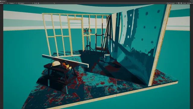 Unity scene of a construction-site room rendered in a teal and rust dithered palette.