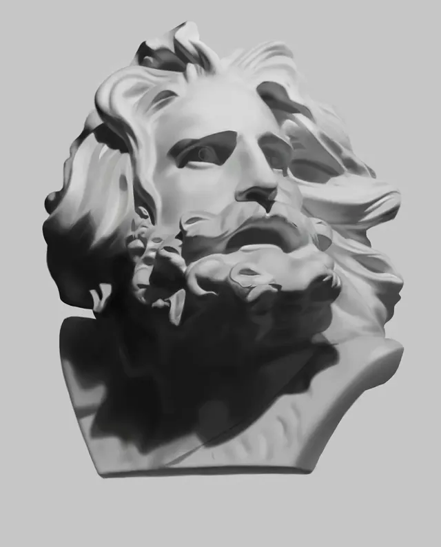 Grayscale digital painting of a classical bust with flowing hair and beard, studied for value and form.