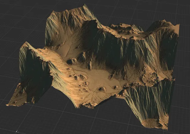 Gaea terrain in warm sandstone colors with canyon walls and crater-pocked flats.