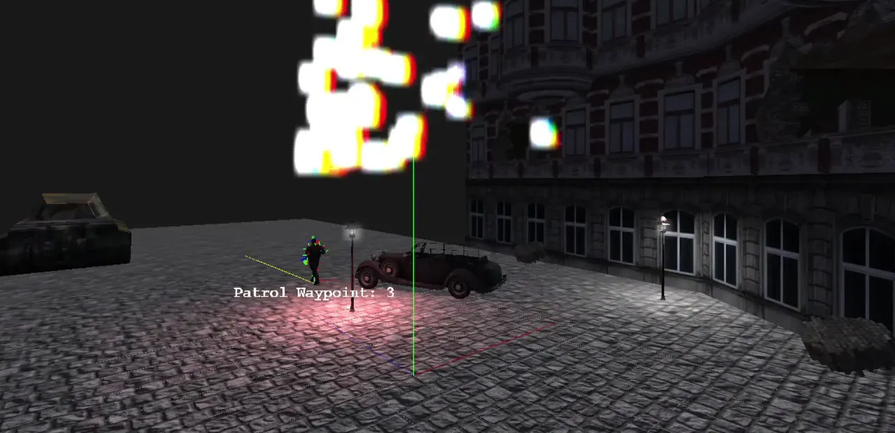 Glowing square particles streaming from a moving spawner in a night street.